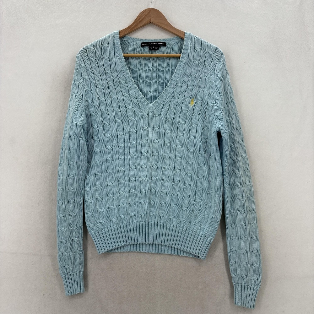 Vintage Ralph Lauren Sport Sweater Womens XL Blue V Neck Cable Knit Pullover Y2K